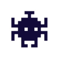 Pixelated retro-style alien invader icon in dark blue with white eyes and outline.