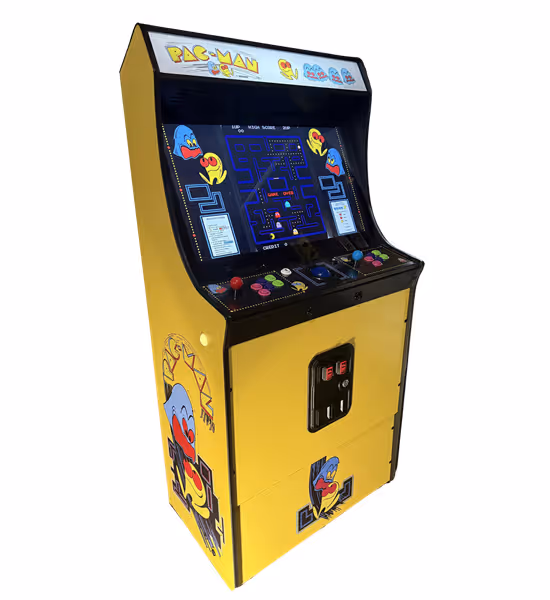 Classic arcade game machine featuring Donkey Kong and Pac-Man artwork with a screen displaying a Pac-Man maze game.